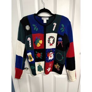 Vintage Dressbarn Colorblock Holiday Motif Zip Sweater Size Large